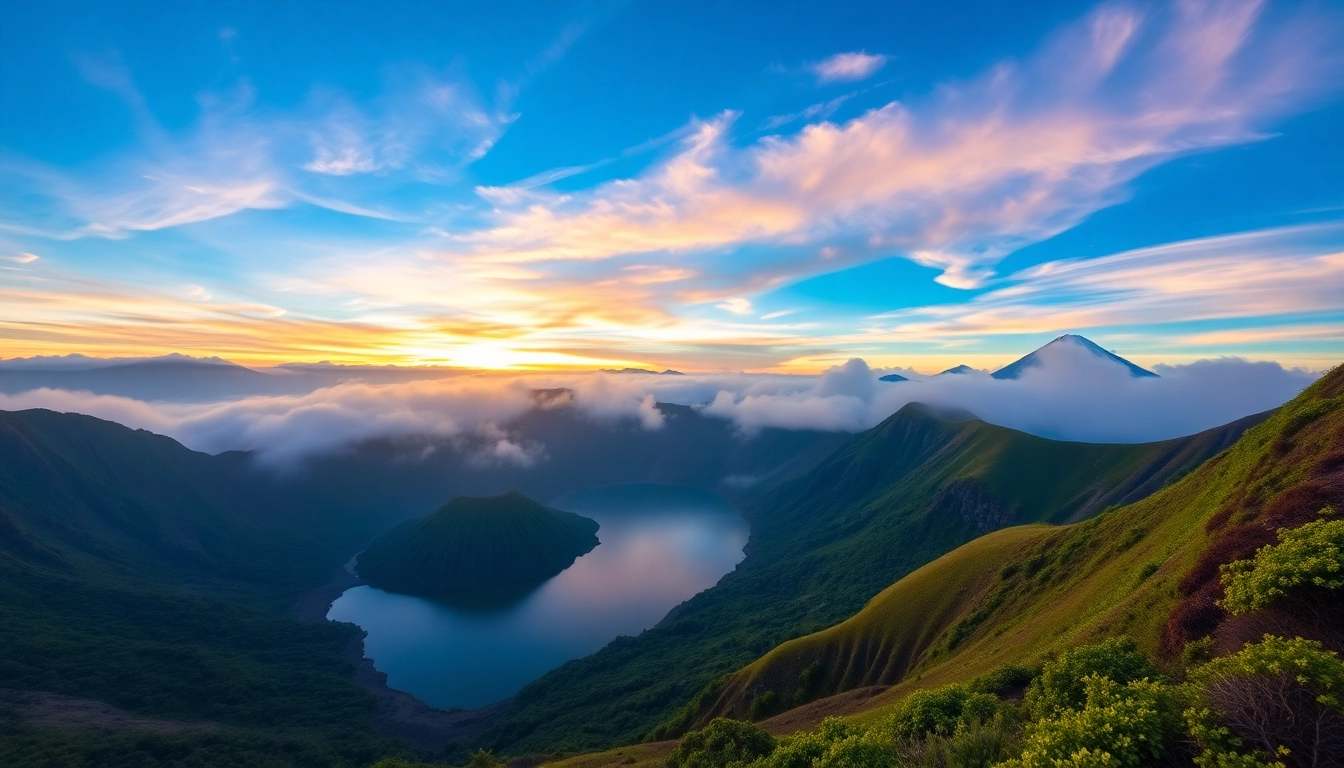 Hiking at sunrise on Mount Rinjani with panoramic volcanic landscape and lake view in Lombok Indonesia, capturing natural beauty and adventure.