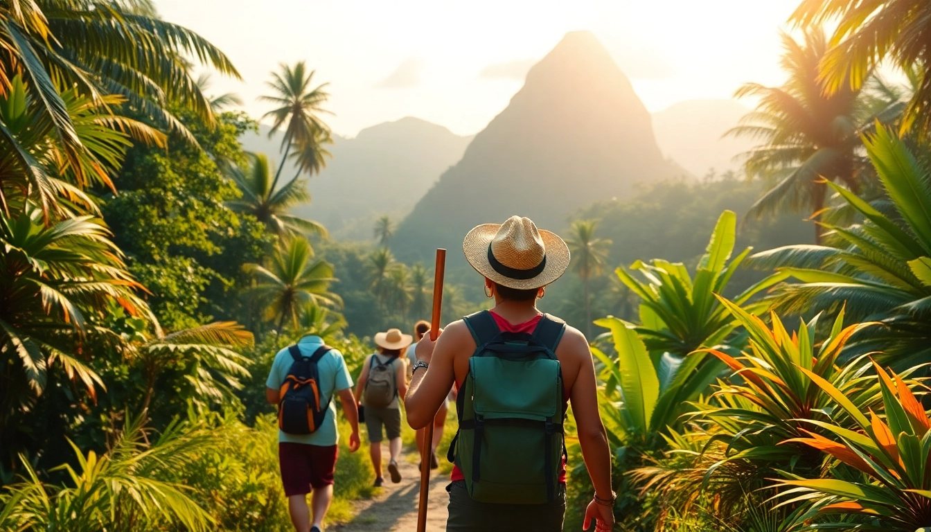 Guide leading travelers through Lombok's scenic jungle, showcasing natural beauty and adventure opportunities.