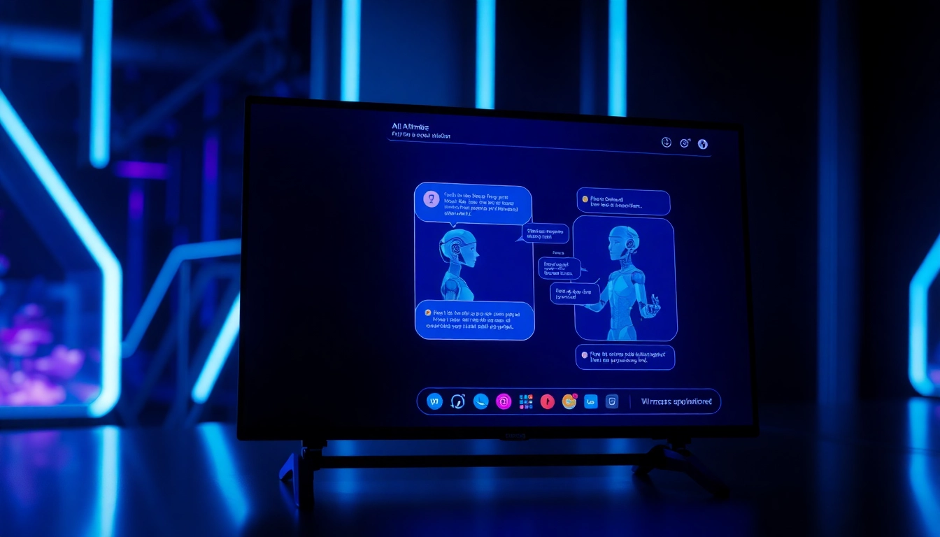 Futuristic AI chat interface with animated characters on a digital screen with neon accents and high-tech aesthetics.