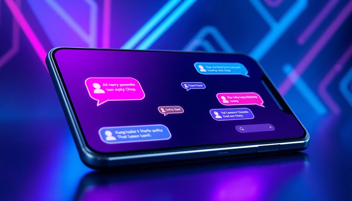 A futuristic chat interface on a modern device with colorful AI bubbles and glowing text, set against a dark tech background.
