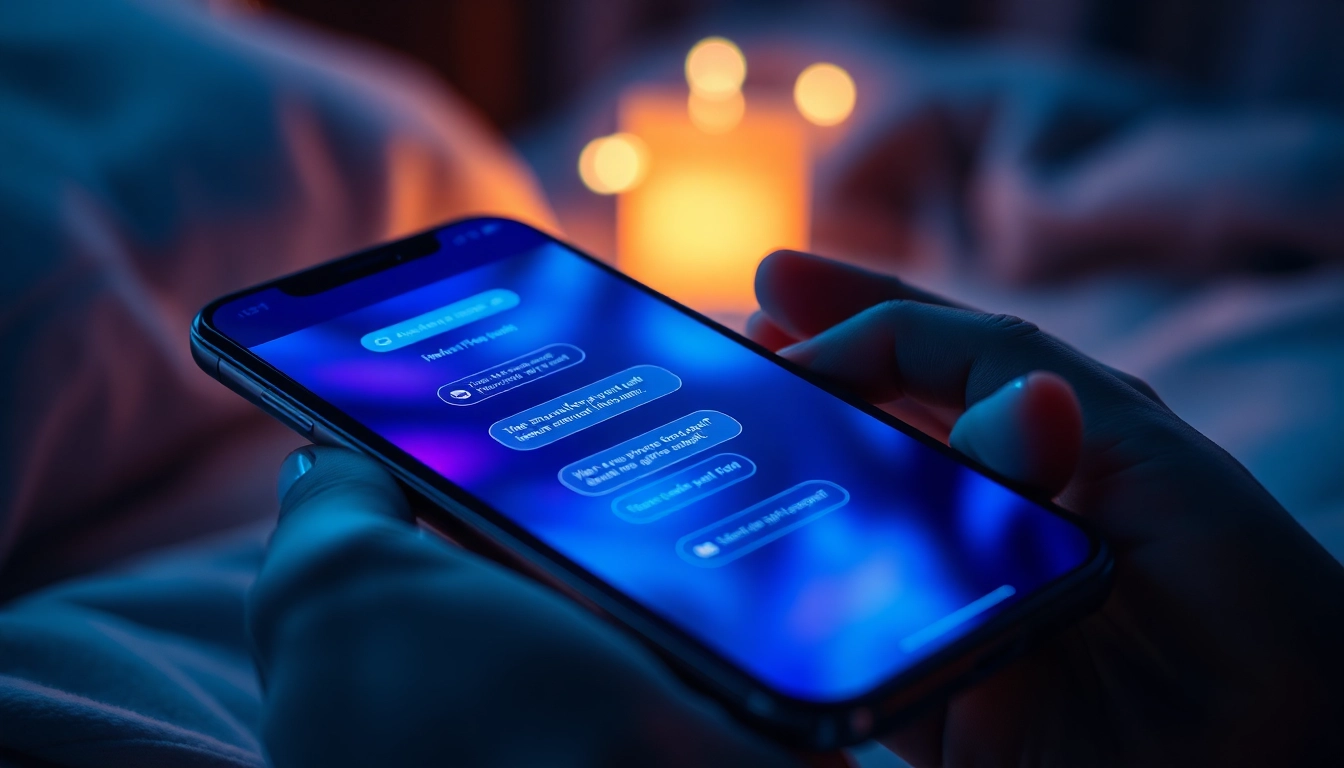 Close-up of a smartphone displaying a seductive AI chatbot interface in a dimly lit, cozy setting.