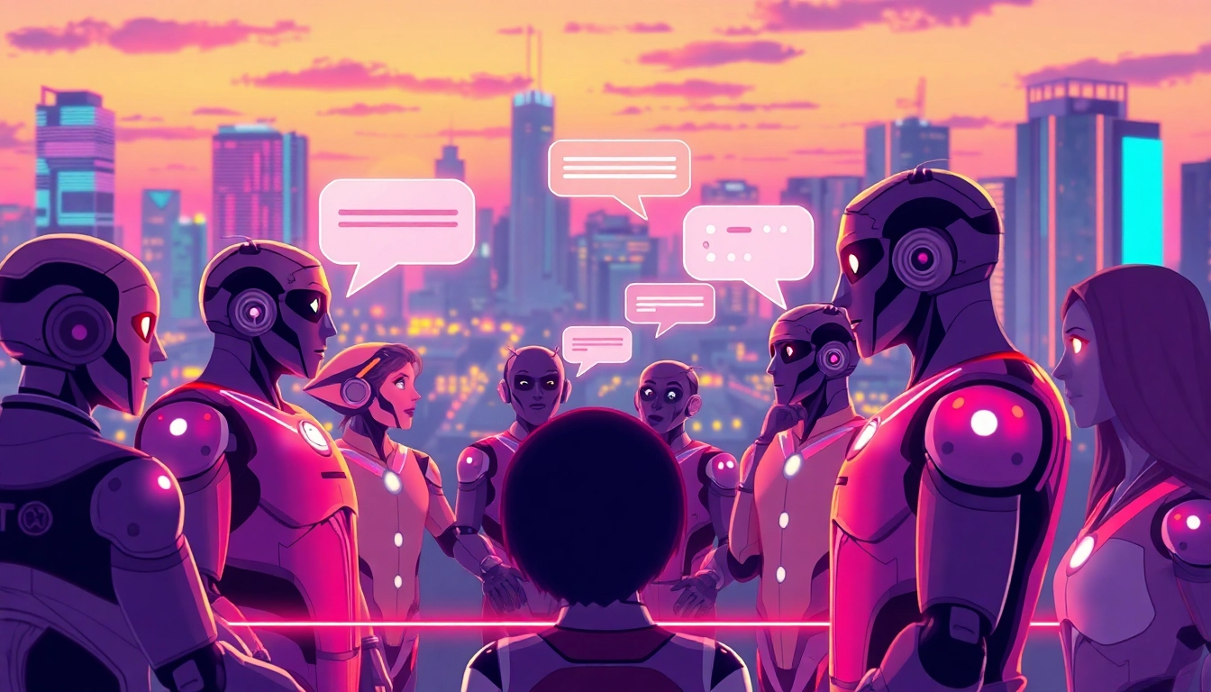 Digital illustration of diverse AI characters chatting in a futuristic digital environment with neon lights.