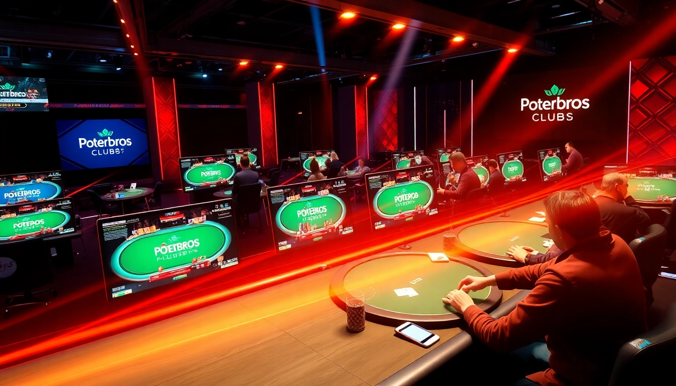 Players enjoying fast-paced Pokerbros clubs action with multiple tables and club branding, capturing the energetic online poker atmosphere and vibrant visuals.