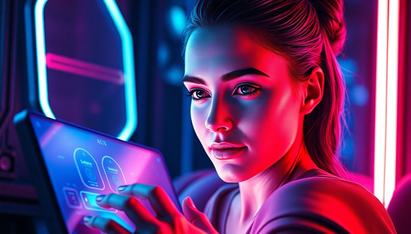 Futuristic AI interface with a customizable virtual companion on a glowing screen in a high-tech room.