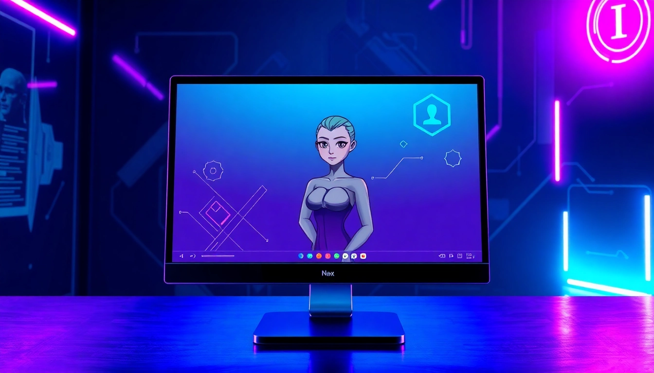 Futuristic AI chat interface with an alluring AI character on a neon-lit screen in a cyberpunk setting.