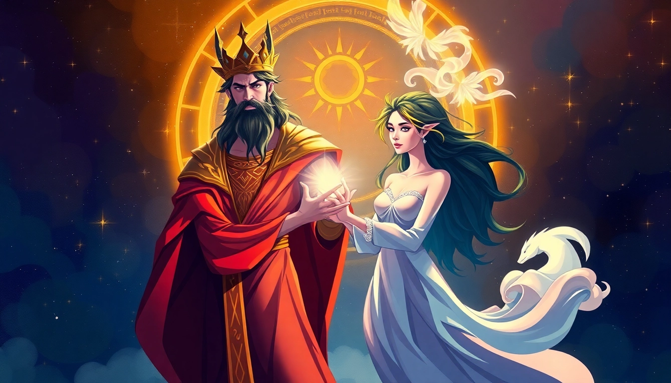 Digital art of two mythical figures representing Omegaverse, with cosmic background and glowing connection.
