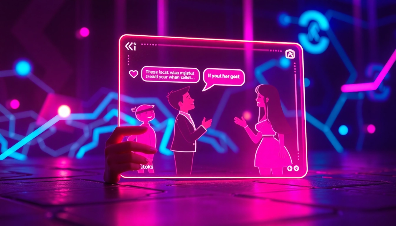 Futuristic digital chat interface with animated characters in an intimate, neon-lit setting.