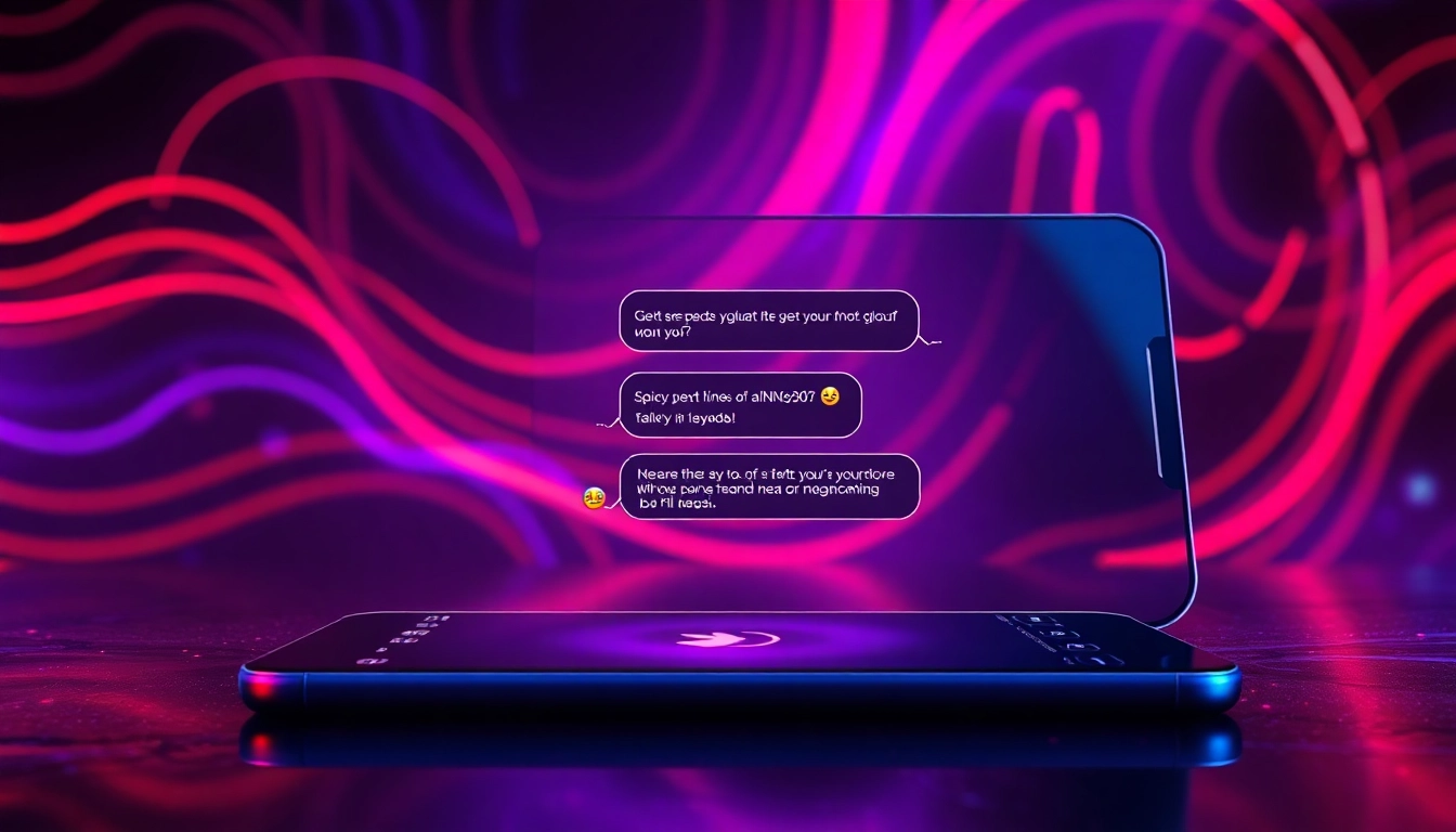 Futuristic chat interface on a device screen with neon-lit background and digital textures.