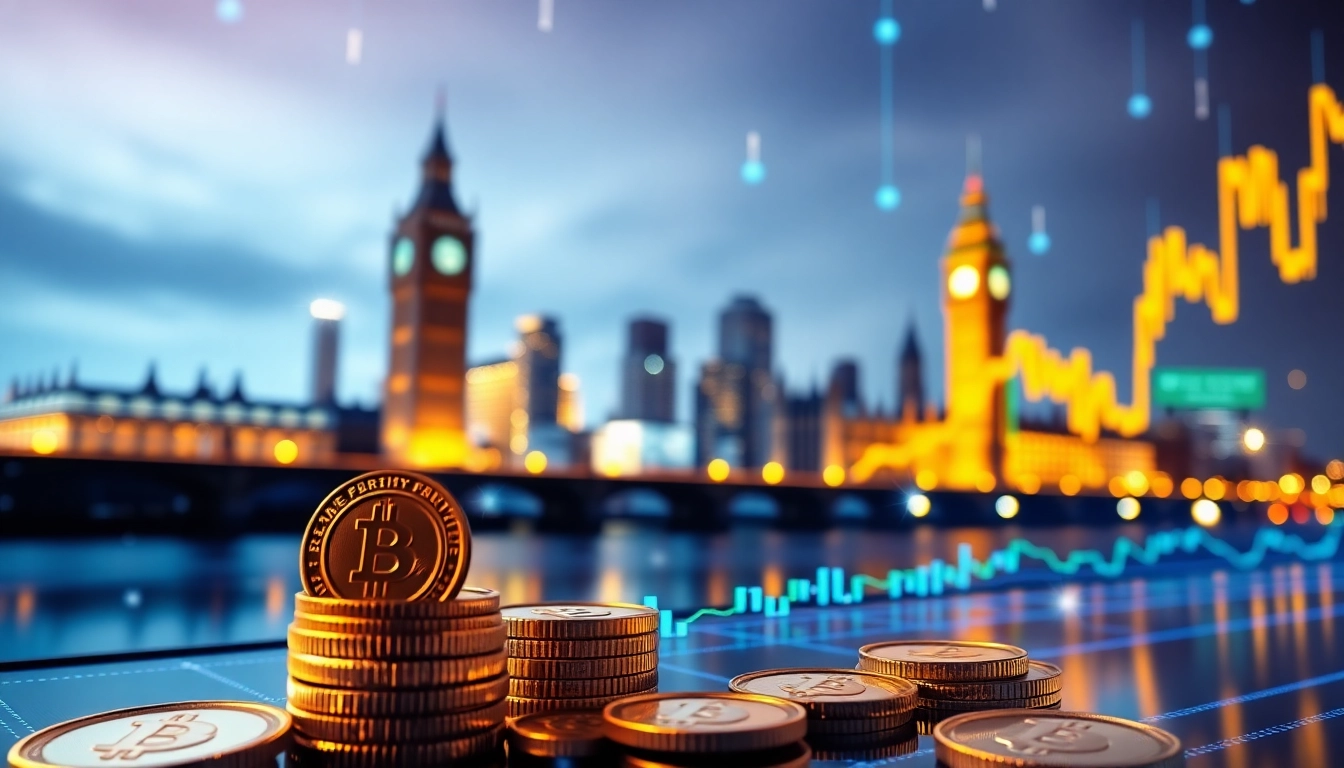 Cryptocurrency Trading News London showcasing digital coins and trading charts against London's