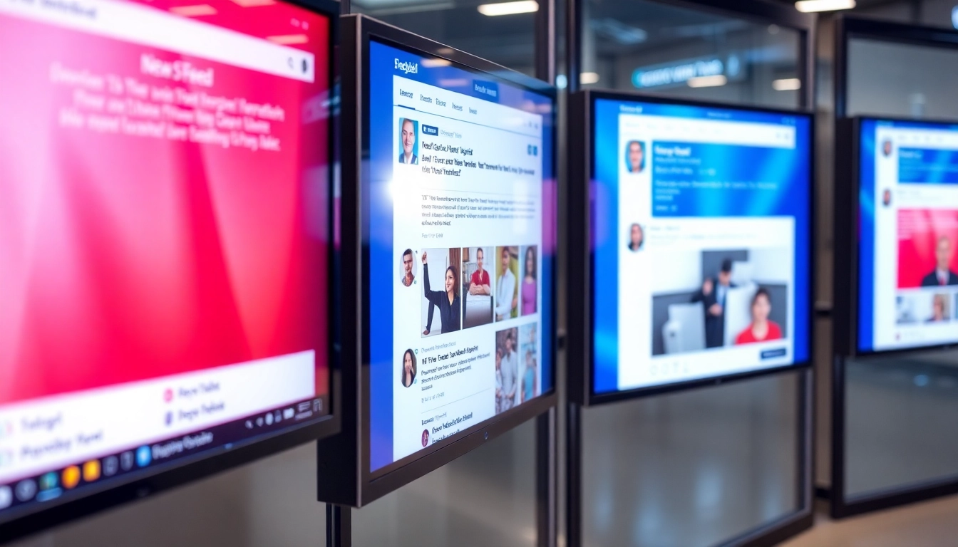Engaging scene of social network news updates on digital devices with vibrant colors and user